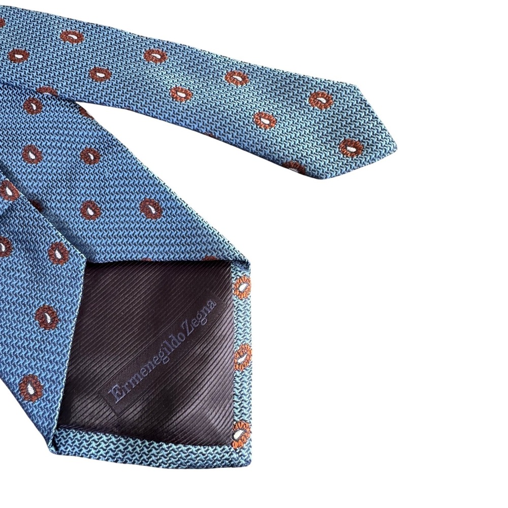 Ermenegildo Zegna Mens‎ Silk Tie Light Blue Rust Orange Medallion Made in Italy
